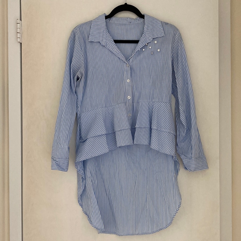 Blue & white striped pearl embellished waterfall hem peplum button front blouse